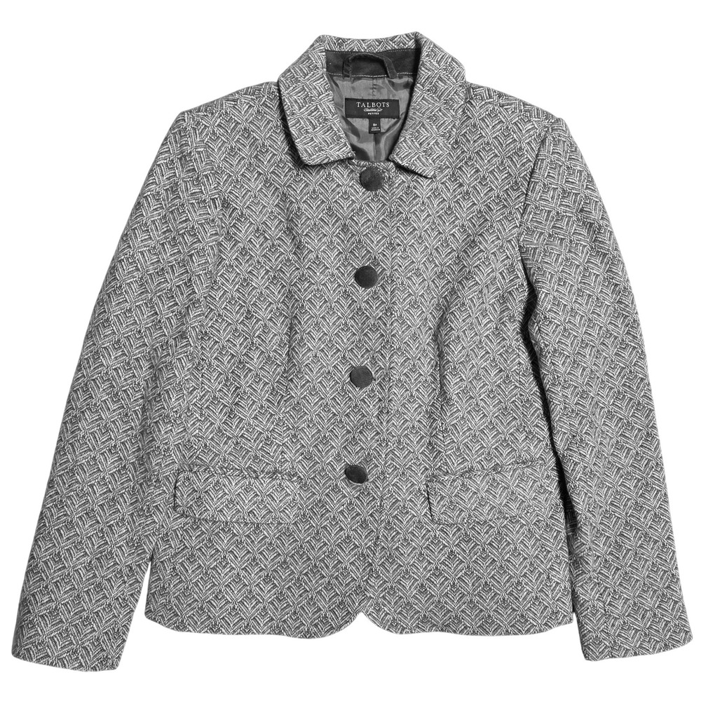 Talbots Petite Women's Black White Geometric‎ Pattern Wool Blend Blazer Size 8P